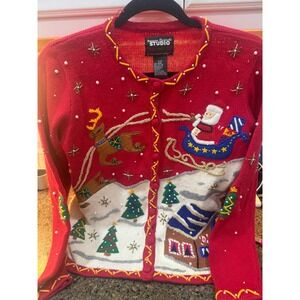 Designers‎ Originals Studio Red Christmas Sweater Santa Reindeer Sleigh Trees